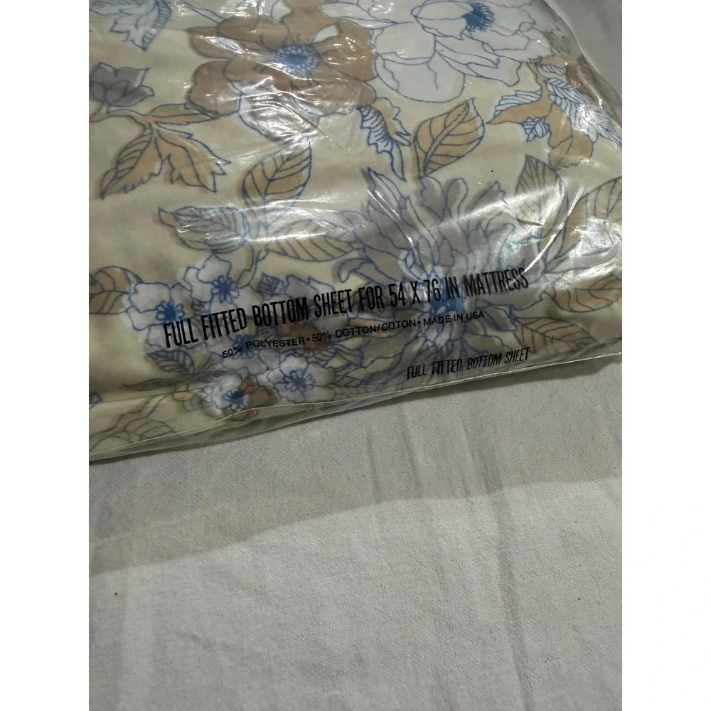 Vintage Cannon Royal Family Full Fitted Sheet Floral‎ Percale No Iron Blue Brown